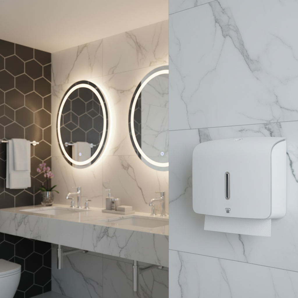 Lifestyle view of a Grafiqe white compact paper towel dispenser mounted on a white marble wall in a luxury washroom featuring a wide marble vanity, dual sinks, circular backlit mirrors, and black hexagonal wall tiles.
