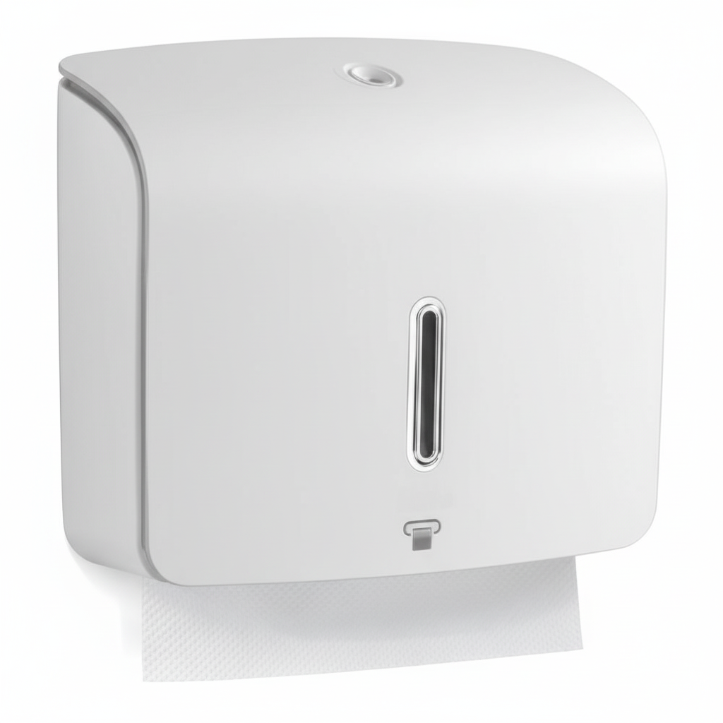 Grafiqe wall-mounted compact paper towel dispenser in a matte white finish, featuring a vertical viewing window for level monitoring and a secure lockable top for commercial washroom use.