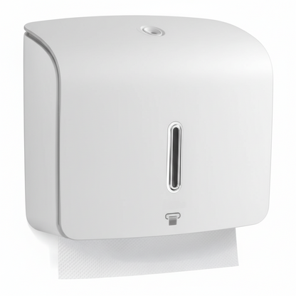 Grafiqe wall-mounted compact paper towel dispenser in a matte white finish, featuring a vertical viewing window for level monitoring and a secure lockable top for commercial washroom use.