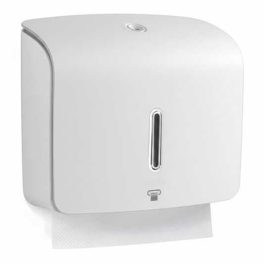 Grafiqe wall-mounted compact paper towel dispenser in a matte white finish, featuring a vertical viewing window for level monitoring and a secure lockable top for commercial washroom use.