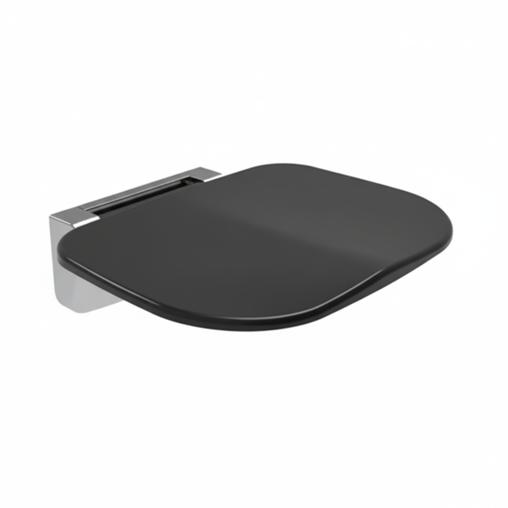 Grafiqe wall-mounted folding shower seat featuring an ergonomic curved black resin surface and a heavy-duty polished chrome mounting bracket for rustproof bathroom safety and bold contemporary design.