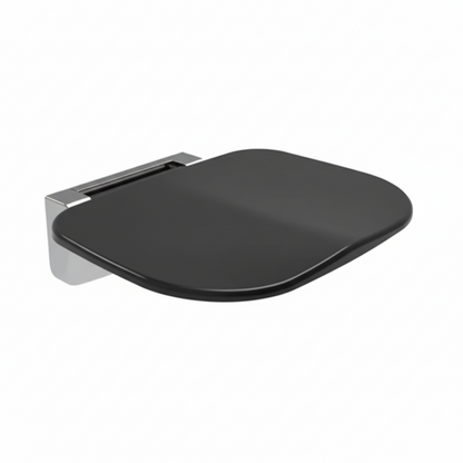 Grafiqe wall-mounted folding shower seat featuring an ergonomic curved black resin surface and a heavy-duty polished chrome mounting bracket for rustproof bathroom safety and bold contemporary design.