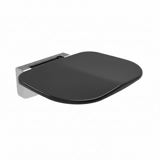 Grafiqe wall-mounted folding shower seat featuring an ergonomic curved black resin surface and a heavy-duty polished chrome mounting bracket for rustproof bathroom safety and bold contemporary design.