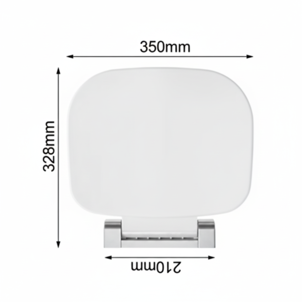 Technical dimension diagram of the Grafiqe curved wall-mounted shower seat, showing a total width of 350mm, a depth of 328mm, and a mounting bracket width of 210mm for precise bathroom installation planning.