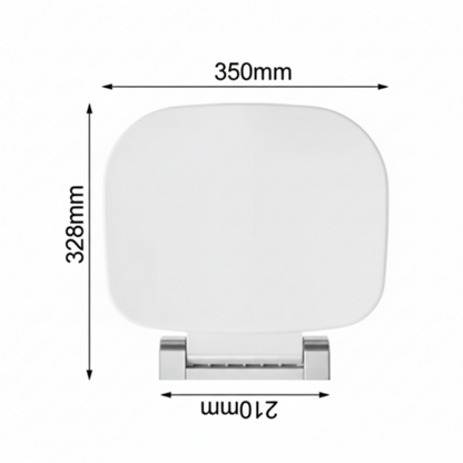 Technical dimension diagram of the Grafiqe curved wall-mounted shower seat, showing a total width of 350mm, a depth of 328mm, and a mounting bracket width of 210mm for precise bathroom installation planning.
