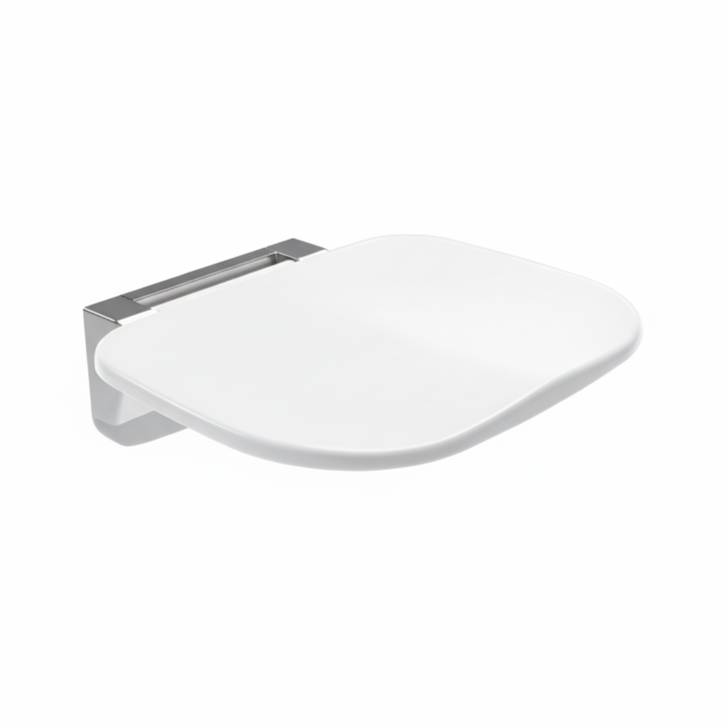 Grafiqe wall-mounted folding shower seat featuring a smooth, curved white resin seating surface and a heavy-duty polished chrome mounting bracket for rustproof bathroom safety and high-end minimalist design.