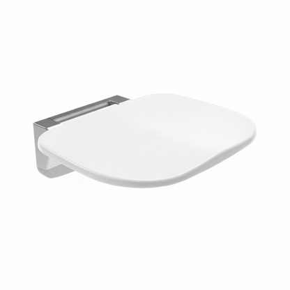 Grafiqe wall-mounted folding shower seat featuring a smooth, curved white resin seating surface and a heavy-duty polished chrome mounting bracket for rustproof bathroom safety and high-end minimalist design.