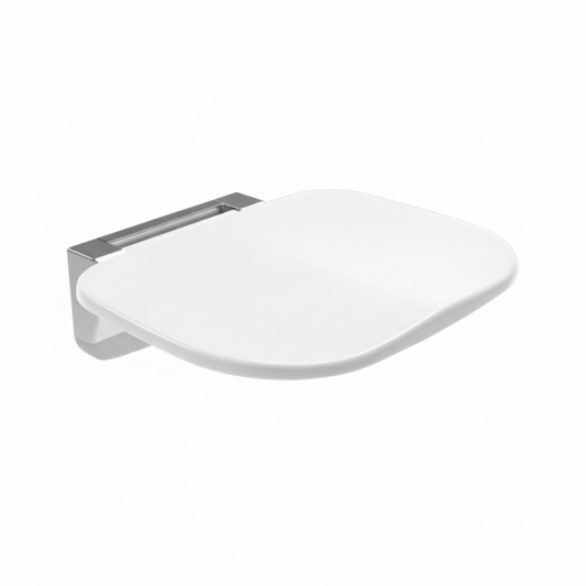 Grafiqe wall-mounted folding shower seat featuring a smooth, curved white resin seating surface and a heavy-duty polished chrome mounting bracket for rustproof bathroom safety and high-end minimalist design.