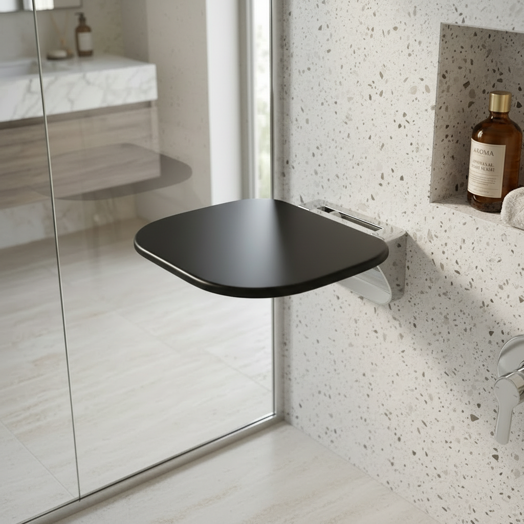 Lifestyle view of a Grafiqe curved black wall-mounted shower seat with a polished chrome bracket, installed on a light grey terrazzo tile wall next to a built-in shower niche and glass partition in a contemporary luxury bathroom.