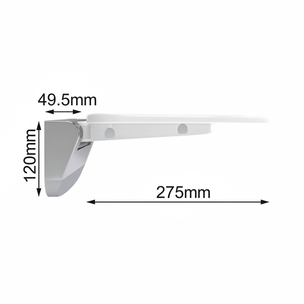 Side profile technical diagram of the Grafiqe wall-mounted shower seat, detailing a 120mm mounting bracket height, 49.5mm bracket depth, and a 275mm seat projection for precise architectural bathroom planning.