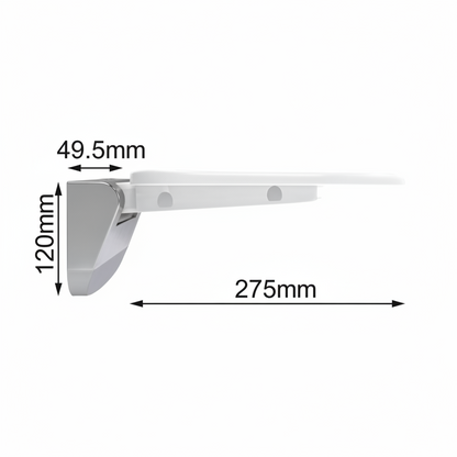 Side profile technical diagram of the Grafiqe wall-mounted shower seat, detailing a 120mm mounting bracket height, 49.5mm bracket depth, and a 275mm seat projection for precise architectural bathroom planning.