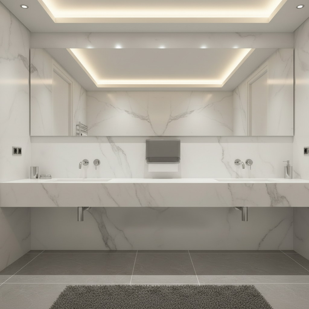 Lifestyle view of a Grafiqe grey paper towel dispenser mounted centrally on a white marble wall in a luxury washroom, featuring a wide floating marble vanity with dual sinks, chrome fixtures, and integrated cove lighting.