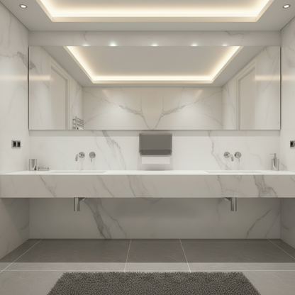 Lifestyle view of a Grafiqe grey paper towel dispenser mounted centrally on a white marble wall in a luxury washroom, featuring a wide floating marble vanity with dual sinks, chrome fixtures, and integrated cove lighting.