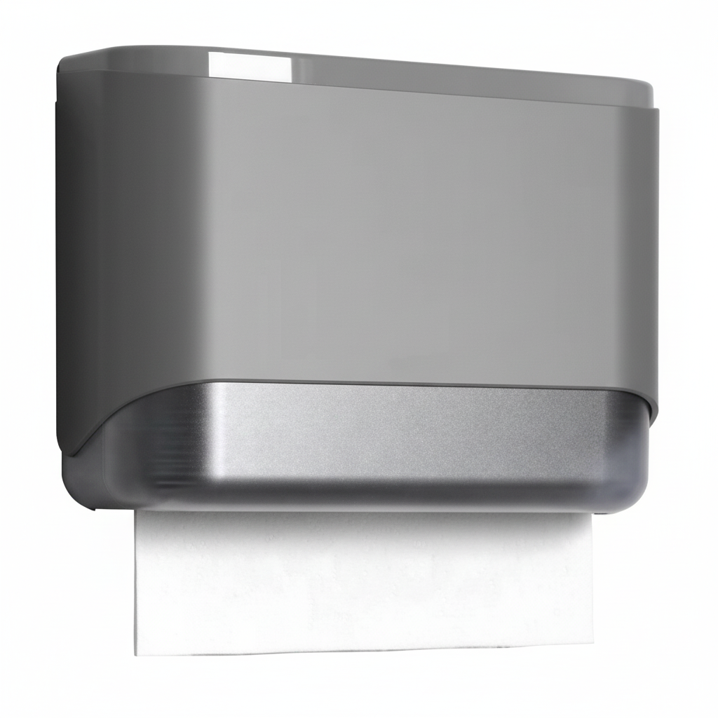 Grafiqe wall-mounted paper towel dispenser featuring a dual-tone design with a grey upper housing and a polished metallic silver base for modern commercial washroom hygiene.