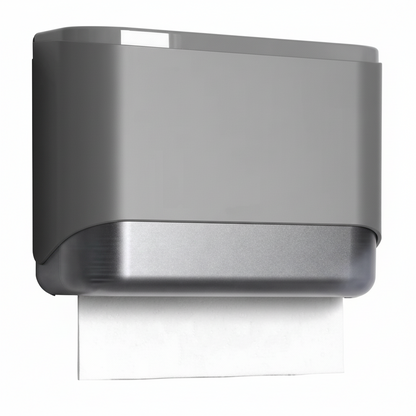 Grafiqe wall-mounted paper towel dispenser featuring a dual-tone design with a grey upper housing and a polished metallic silver base for modern commercial washroom hygiene.
