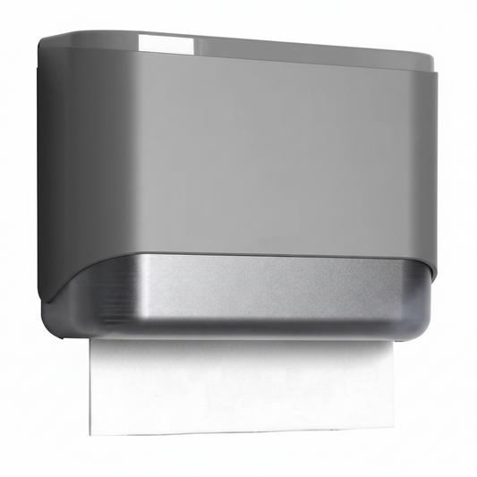 Grafiqe wall-mounted paper towel dispenser featuring a dual-tone design with a grey upper housing and a polished metallic silver base for modern commercial washroom hygiene.