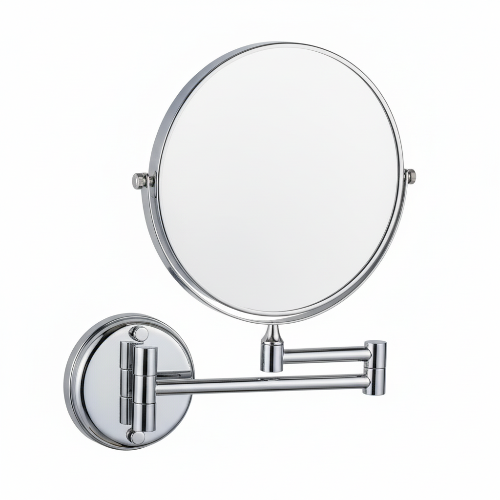 Grafiqe wall-mounted circular bathroom mirror featuring a polished chrome finish, a double-sided swivel design for standard and magnified views, and an adjustable extendable folding arm for precise grooming and makeup application.