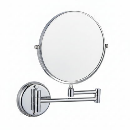 Grafiqe wall-mounted circular bathroom mirror featuring a polished chrome finish, a double-sided swivel design for standard and magnified views, and an adjustable extendable folding arm for precise grooming and makeup application.