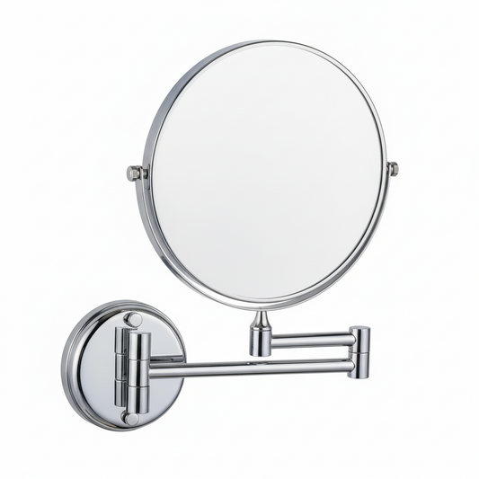Grafiqe wall-mounted circular bathroom mirror featuring a polished chrome finish, a double-sided swivel design for standard and magnified views, and an adjustable extendable folding arm for precise grooming and makeup application.