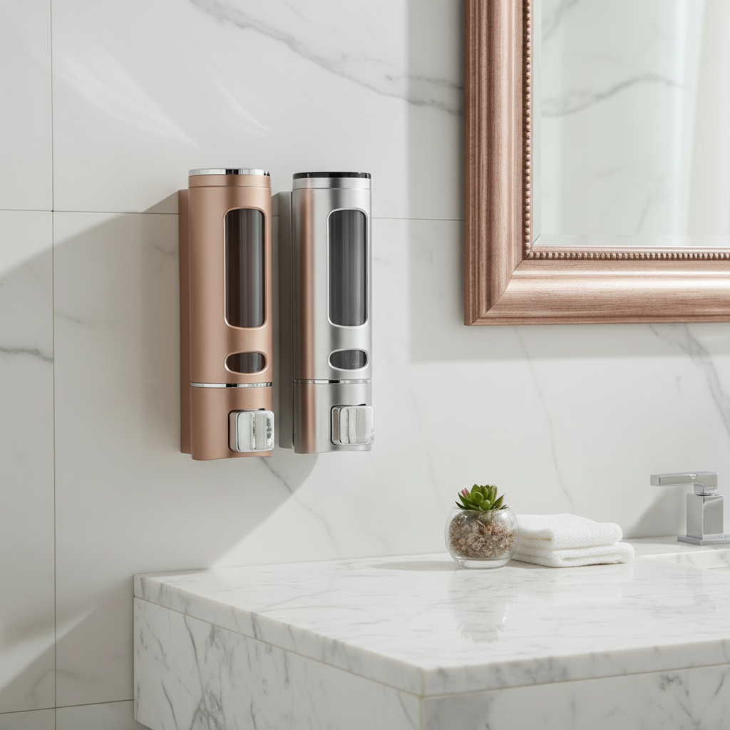 Lifestyle view of a Grafiqe dual wall-mounted liquid dispenser set in champagne rose gold and chrome  finishes, installed on a white marble wall next to a framed mirror and modern vanity countertop for elegant bathroom organization.