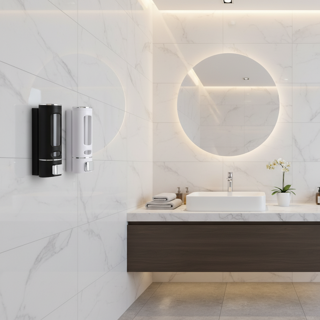 Lifestyle view of a Grafiqe dual wall-mounted liquid dispenser set in black and white finishes, installed on a white marble wall next to a floating dark wood vanity and a large backlit circular mirror for high-end bathroom organization.