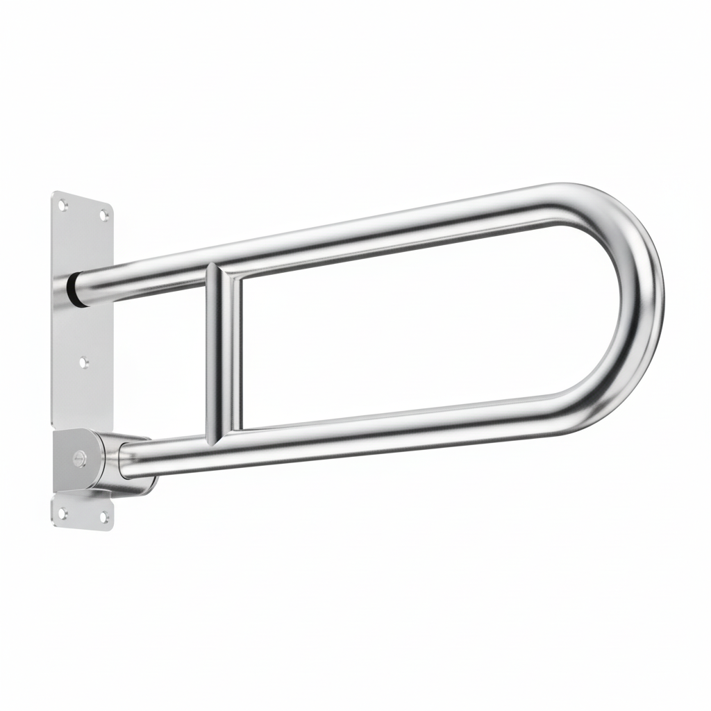 Grafiqe wall-mounted folding bathroom grab bar in polished stainless steel, featuring a heavy-duty flip-up design and a reinforced mounting plate for secure toilet and shower accessibility.