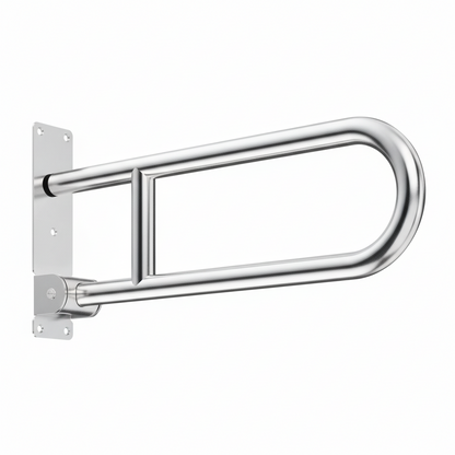 Grafiqe wall-mounted folding bathroom grab bar in polished stainless steel, featuring a heavy-duty flip-up design and a reinforced mounting plate for secure toilet and shower accessibility.