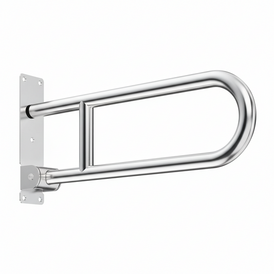 Grafiqe wall-mounted folding bathroom grab bar in polished stainless steel, featuring a heavy-duty flip-up design and a reinforced mounting plate for secure toilet and shower accessibility.