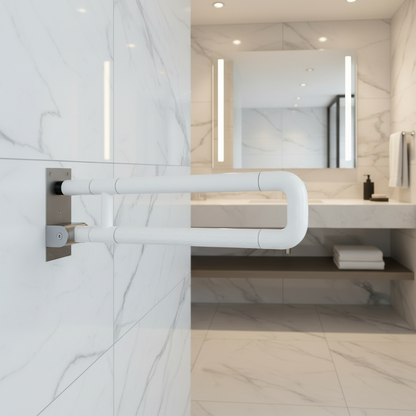 Lifestyle view of a Grafiqe white folding grab bar with integrated anti-slip textured grip, installed on a white marble-tiled wall next to a modern vanity with backlit mirrors and ambient lighting.