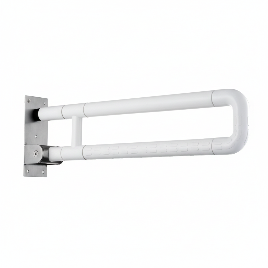 Grafiqe wall-mounted folding bathroom grab bar in a white finish, featuring a heavy-duty flip-up design with an integrated anti-slip textured grip and a reinforced stainless steel mounting plate for secure toilet and shower accessibility.