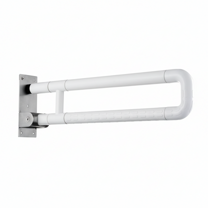 Grafiqe wall-mounted folding bathroom grab bar in a white finish, featuring a heavy-duty flip-up design with an integrated anti-slip textured grip and a reinforced stainless steel mounting plate for secure toilet and shower accessibility.