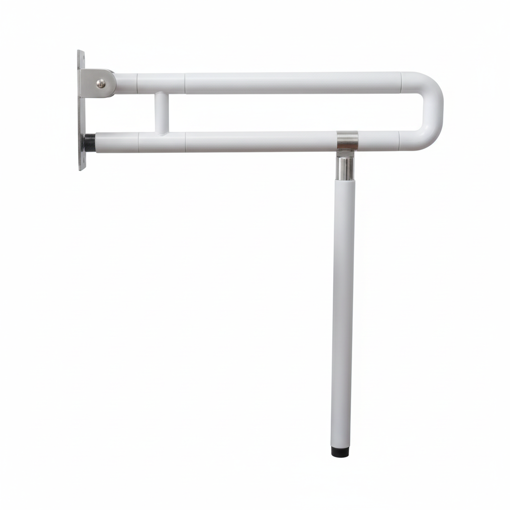 Grafiqe white folding bathroom grab bar featuring a wall-mounted flip-up design with an integrated vertical floor support leg, anti-slip textured grip, and a reinforced stainless steel mounting plate for heavy-duty toilet and shower safety.