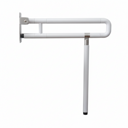 Grafiqe white folding bathroom grab bar featuring a wall-mounted flip-up design with an integrated vertical floor support leg, anti-slip textured grip, and a reinforced stainless steel mounting plate for heavy-duty toilet and shower safety.