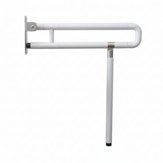 Grafiqe white folding bathroom grab bar featuring a wall-mounted flip-up design with an integrated vertical floor support leg, anti-slip textured grip, and a reinforced stainless steel mounting plate for heavy-duty toilet and shower safety.