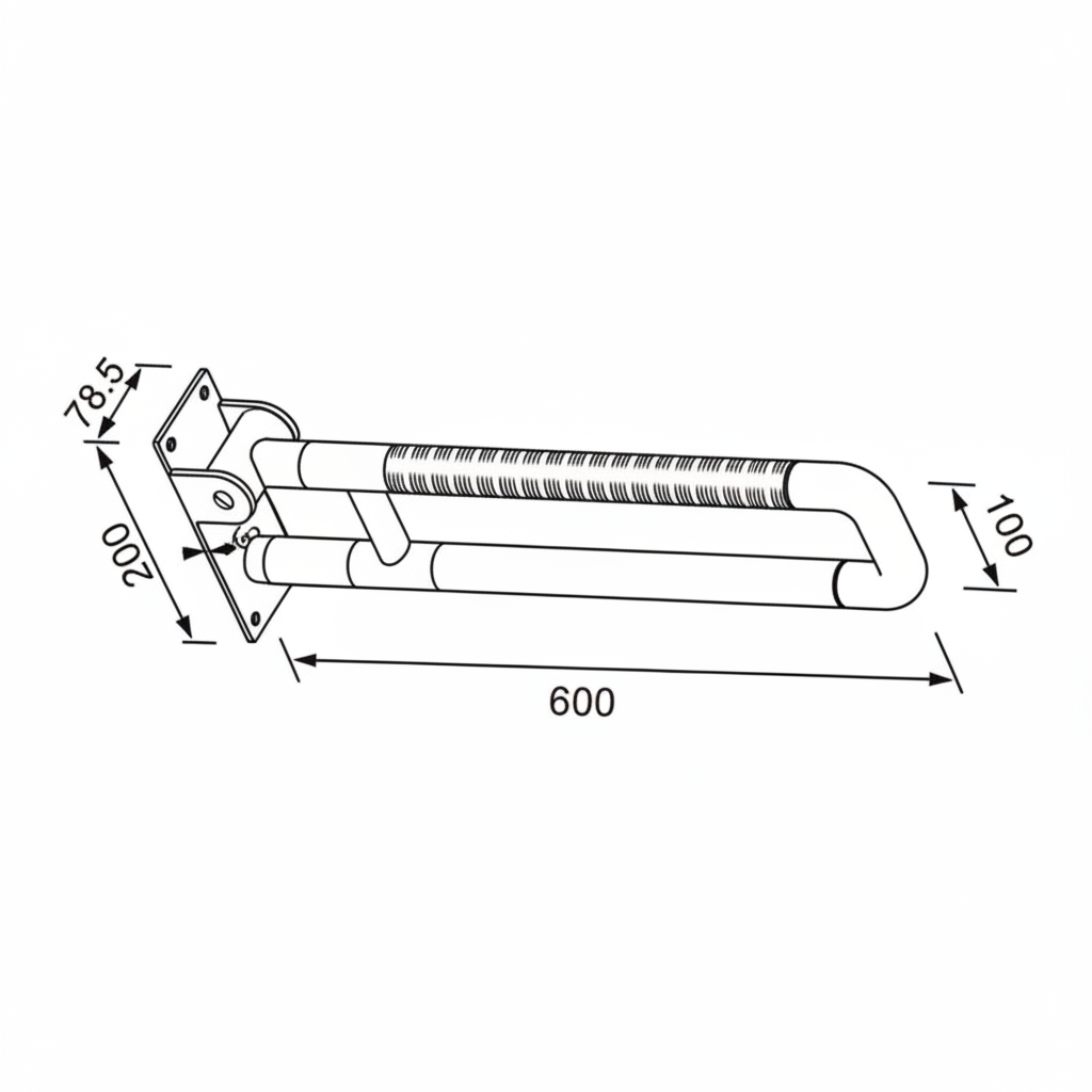 Technical dimension diagram for the Grafiqe folding anti-slip grab bar showing a 600mm arm length, a 200mm vertical mounting plate, 100mm rail spacing, and 78.5mm width for precise wall-mounted installation.