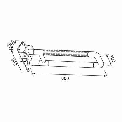 Technical dimension diagram for the Grafiqe folding anti-slip grab bar showing a 600mm arm length, a 200mm vertical mounting plate, 100mm rail spacing, and 78.5mm width for precise wall-mounted installation.