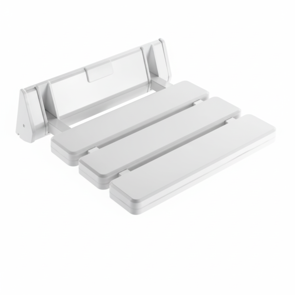 Grafiqe wall-mounted folding shower seat featuring three high-impact white ABS plastic slats and a reinforced heavy-duty white mounting bracket for waterproof bathroom safety and minimalist utility.