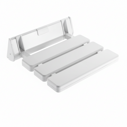 Grafiqe wall-mounted folding shower seat featuring three high-impact white ABS plastic slats and a reinforced heavy-duty white mounting bracket for waterproof bathroom safety and minimalist utility.