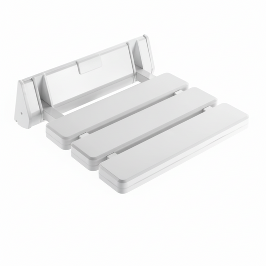 Grafiqe wall-mounted folding shower seat featuring three high-impact white ABS plastic slats and a reinforced heavy-duty white mounting bracket for waterproof bathroom safety and minimalist utility.
