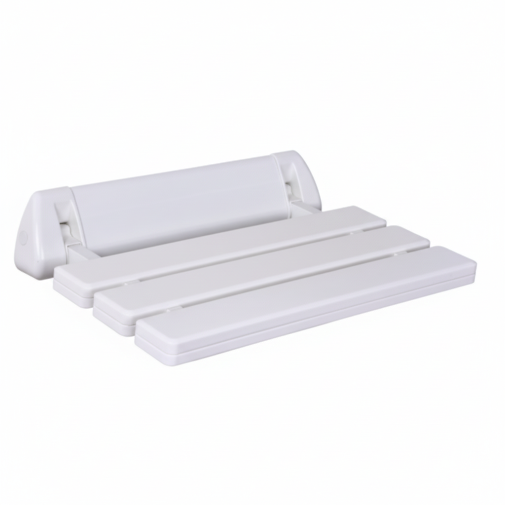 Grafiqe wall-mounted folding shower seat featuring three durable white ABS plastic slats and a heavy-duty reinforced white mounting bracket for waterproof bathroom safety and minimalist utility.