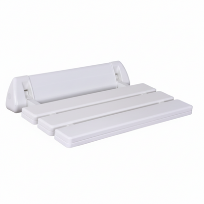 Grafiqe wall-mounted folding shower seat featuring three durable white ABS plastic slats and a heavy-duty reinforced white mounting bracket for waterproof bathroom safety and minimalist utility.