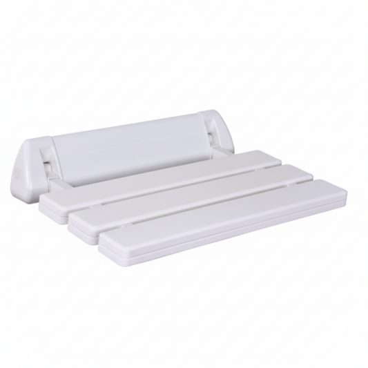 Grafiqe wall-mounted folding shower seat featuring three durable white ABS plastic slats and a heavy-duty reinforced white mounting bracket for waterproof bathroom safety and minimalist utility.