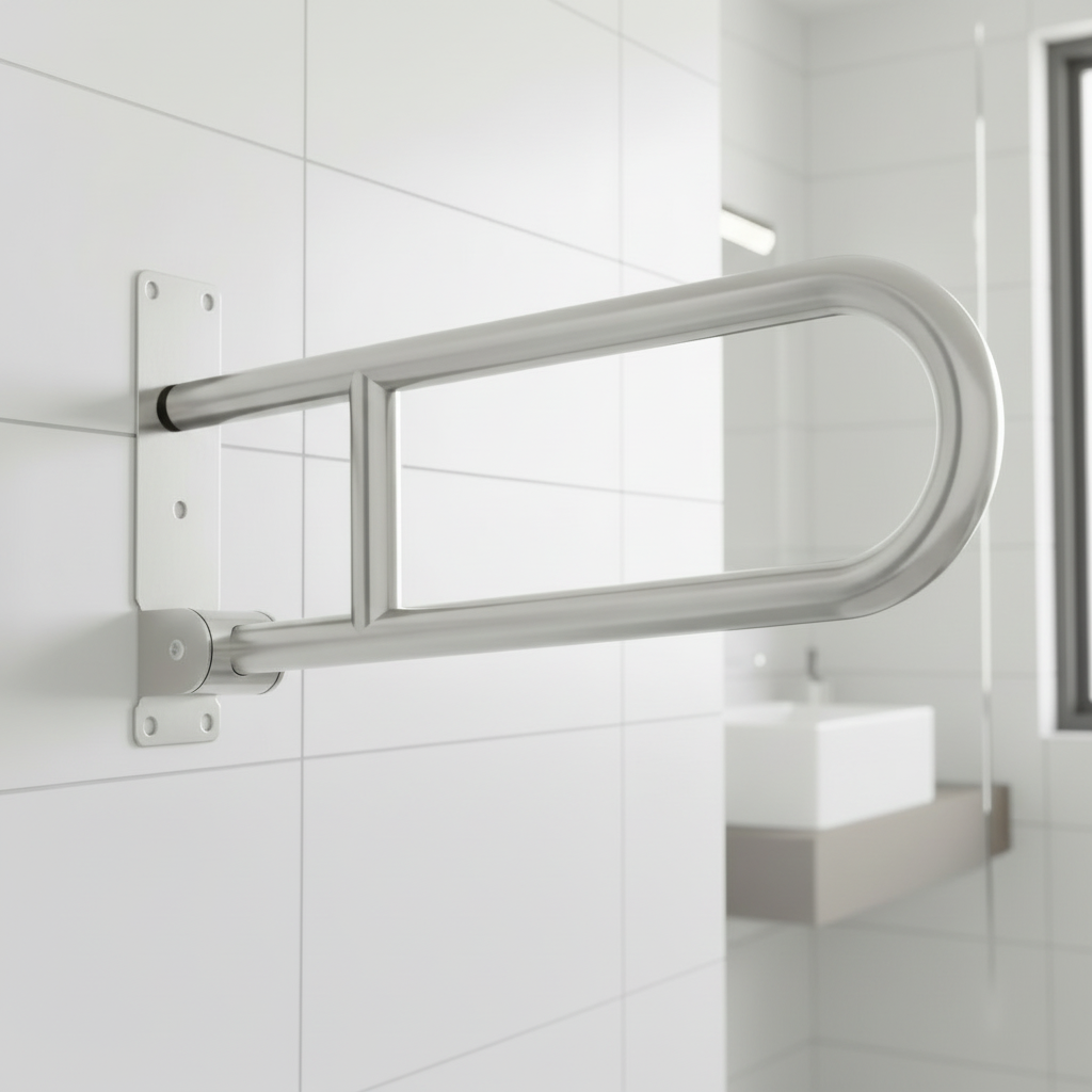Lifestyle view of a Grafiqe polished stainless steel folding grab bar installed on a white-tiled bathroom wall, featuring a heavy-duty flip-up design and reinforced mounting plate for modern home accessibility.