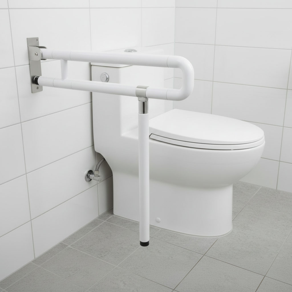 Lifestyle view of a Grafiqe white folding grab bar with a vertical floor support leg installed next to a modern white toilet on a gray tiled floor, featuring a space-saving flip-up design and anti-slip textured grip for elderly safety.