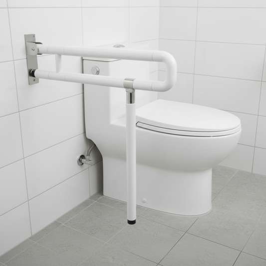 Lifestyle view of a Grafiqe white folding grab bar with a vertical floor support leg installed next to a modern white toilet on a gray tiled floor, featuring a space-saving flip-up design and anti-slip textured grip for elderly safety.