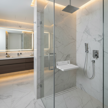 Lifestyle view of a Grafiqe white wall-mounted folding shower seat installed in a luxury marble-tiled walk-in shower, featuring a glass partition, rainfall showerhead, and a view of a modern floating vanity with a backlit mirror.