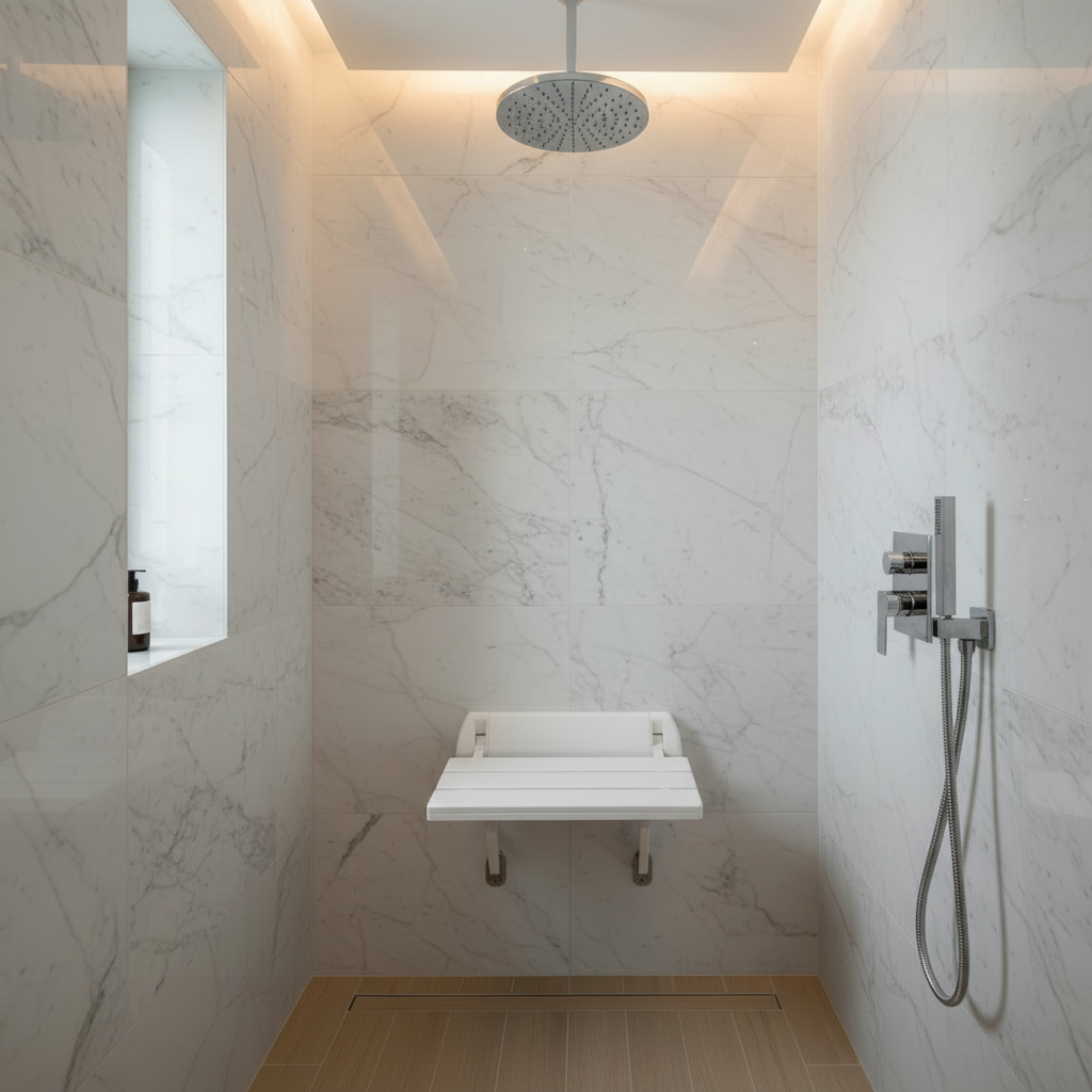Lifestyle view of a Grafiqe white wall-mounted folding shower seat installed in a luxury marble-tiled walk-in shower, featuring a modern rainfall showerhead, chrome hand shower, and wood-textured floor tiles.