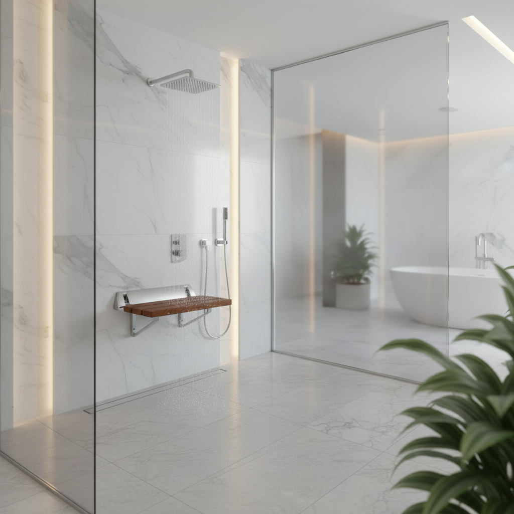 Lifestyle view of a Grafiqe wall-mounted wooden shower seat with a teak finish and chrome bracket, installed in a luxury marble-tiled walk-in shower featuring a rainfall showerhead, recessed lighting, and a minimalist glass partition.