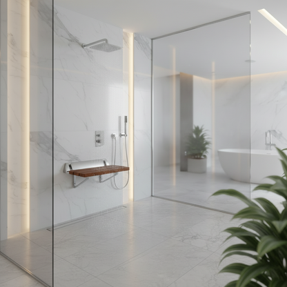 Lifestyle view of a Grafiqe wall-mounted wooden shower seat with a teak finish and chrome bracket, installed in a luxury marble-tiled walk-in shower featuring a rainfall showerhead, recessed lighting, and a minimalist glass partition.