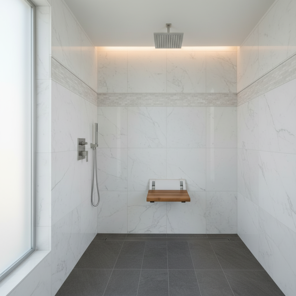 Lifestyle view of a Grafiqe wall-mounted wooden shower seat with a teak finish and silver satin mounting bracket, installed in a large minimalist wet room featuring white marble walls, dark grey floor tiles, and a rainfall showerhead.
